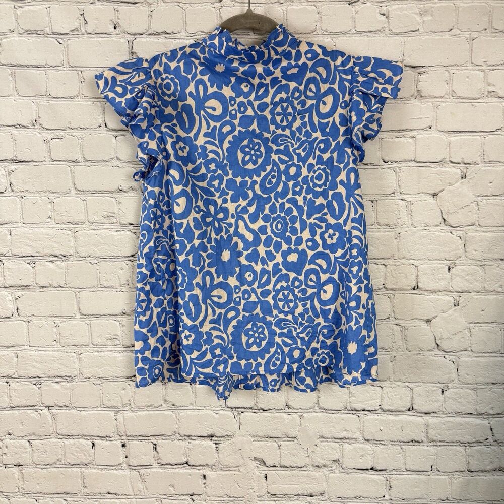 Avara Flutter Sleeve Pleated Blouse Women Size XS Blue White Cotton Button Front - Picture 8 of 12